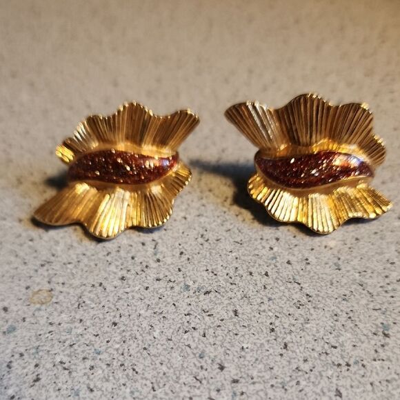 Jewelry - Gold and Brown Floral Clip-On Earrings with Textured Design